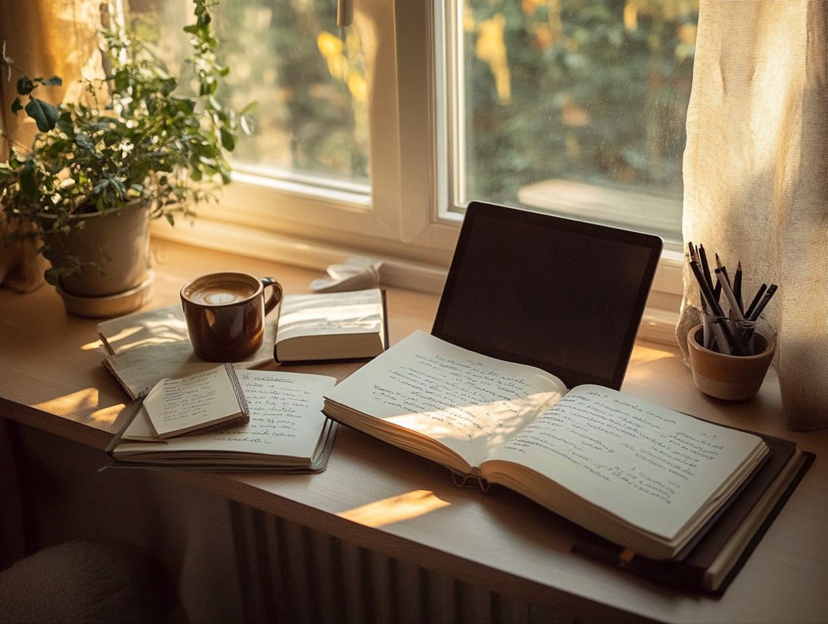 A warm cup placed on a wooden table beside a small notebook in low light