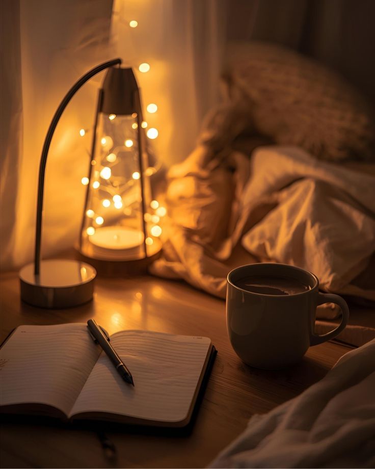 A soft warm lamp glowing beside a folded blanket in a dim quiet room